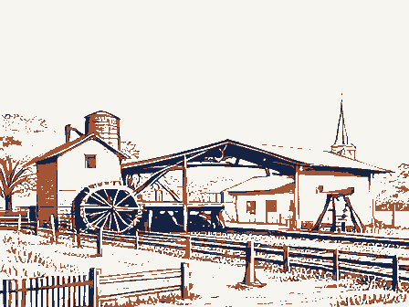Decorative drawing: a farm township drawn in detail. Not a photograph of this place.