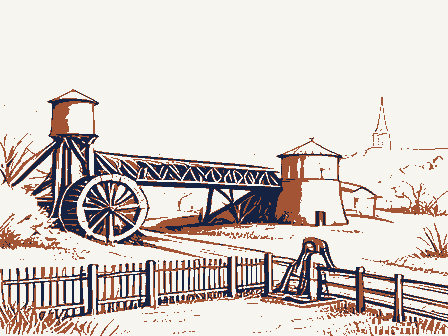 Decorative drawing: a farm township drawn in detail. Not a photograph of this place.