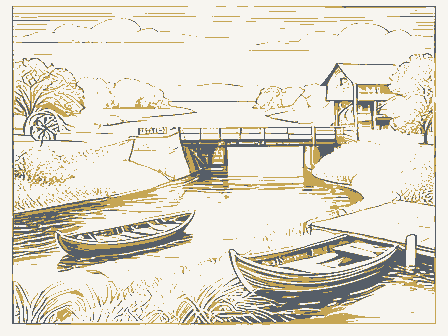 Decorative drawing: a river bend. Not a photograph of this place.