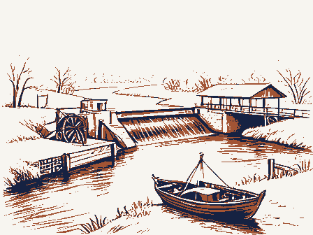 Decorative drawing: a river bend. Not a photograph of this place.