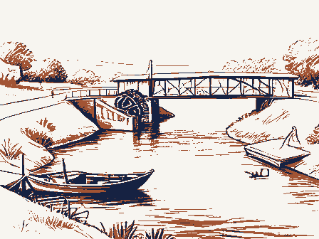 Decorative drawing: a river bend. Not a photograph of this place.