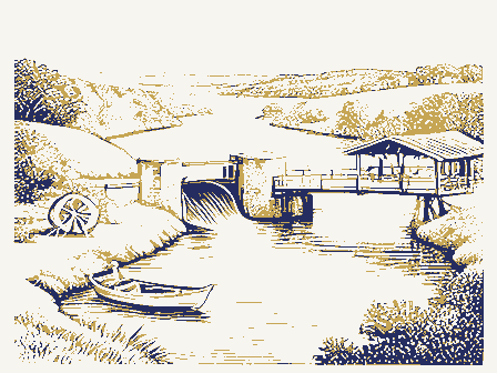 Decorative drawing: a river bend. Not a photograph of this place.