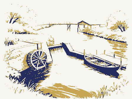 Decorative drawing: a river bend. Not a photograph of this place.