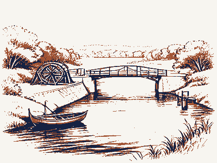 Decorative drawing: a river bend. Not a photograph of this place.