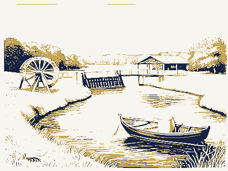 Decorative drawing: a river bend. Not a photograph of this place.
