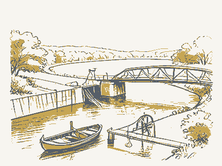 Decorative drawing: a river bend. Not a photograph of this place.