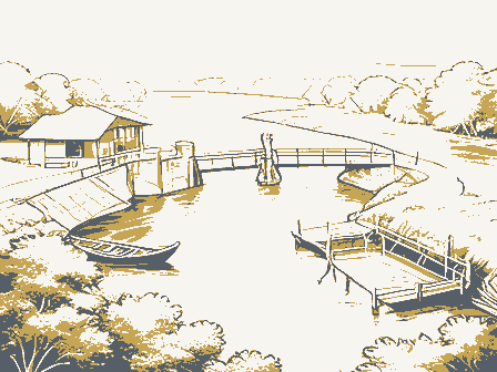 Decorative drawing: a river bend. Not a photograph of this place.