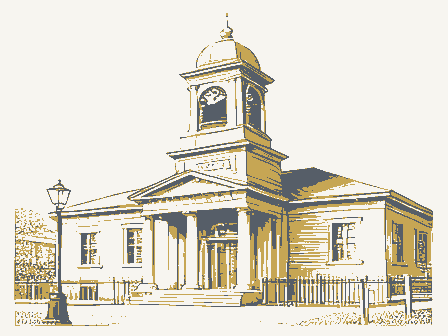 Decorative drawing: a nineteenth-century public building. Not a photograph of this place.