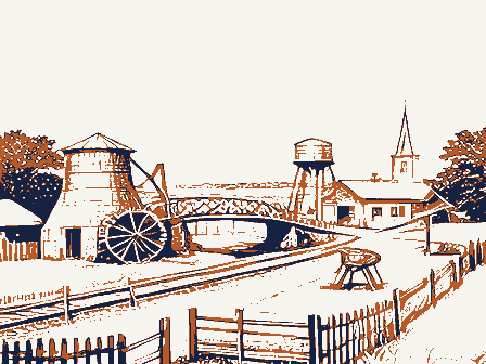 Decorative drawing: a farm township drawn in detail. Not a photograph of this place.