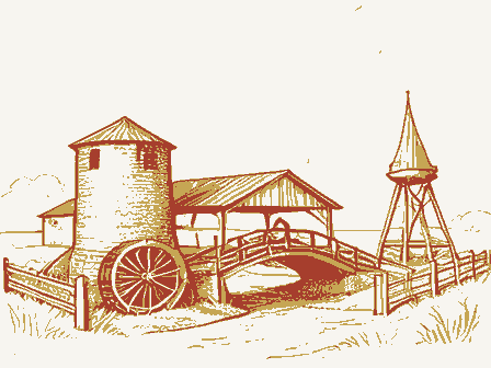 Decorative drawing: a farm township drawn in detail. Not a photograph of this place.