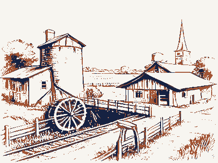 Decorative drawing: a farm township drawn in detail. Not a photograph of this place.