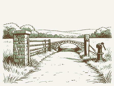 Decorative drawing: a country lane. Not a photograph of this place.