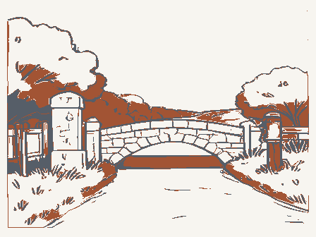 Decorative drawing: a country lane. Not a photograph of this place.