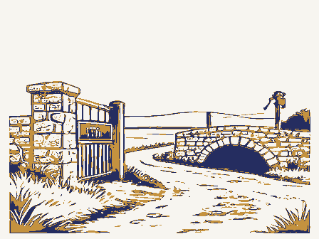 Decorative drawing: a country lane. Not a photograph of this place.