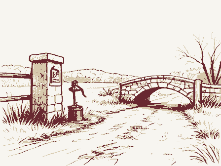 Decorative drawing: a country lane. Not a photograph of this place.