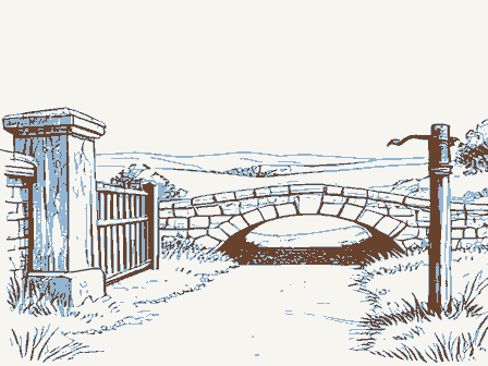 Decorative drawing: a country lane. Not a photograph of this place.
