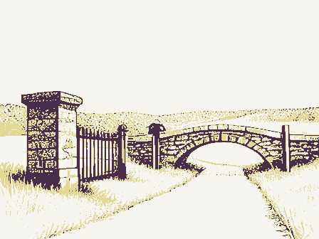 Decorative drawing: a country lane. Not a photograph of this place.
