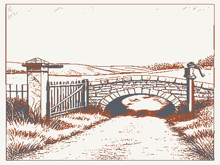 Decorative drawing: a country lane. Not a photograph of this place.