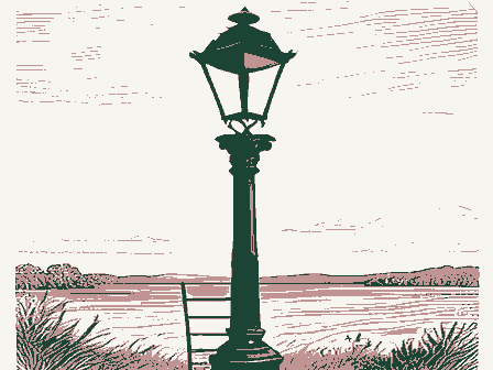 Decorative drawing: a gas streetlamp on an ornate cast-iron post with a ladder rest. Not a photograph of this place.