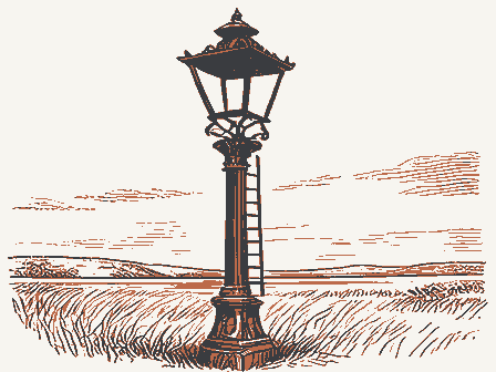 Decorative drawing: a gas streetlamp on an ornate cast-iron post with a ladder rest. Not a photograph of this place.