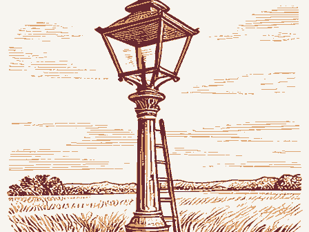 Decorative drawing: a gas streetlamp on an ornate cast-iron post with a ladder rest. Not a photograph of this place.