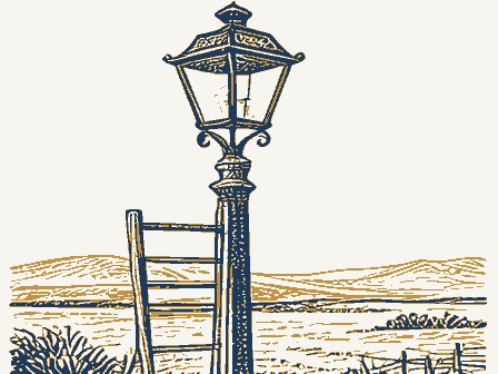 Decorative drawing: a gas streetlamp on an ornate cast-iron post with a ladder rest. Not a photograph of this place.