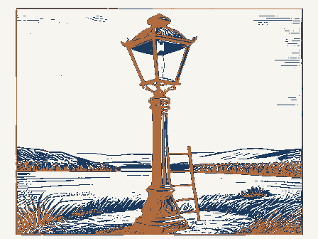 Decorative drawing: a gas streetlamp on an ornate cast-iron post with a ladder rest. Not a photograph of this place.