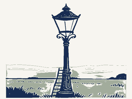 Decorative drawing: a gas streetlamp on an ornate cast-iron post with a ladder rest. Not a photograph of this place.