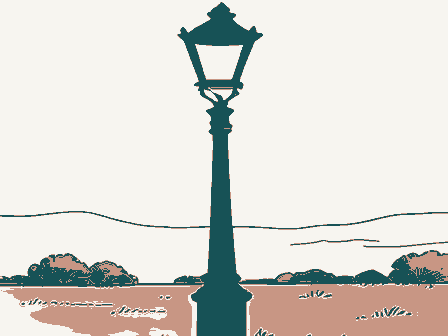 Decorative drawing: a gas streetlamp on an ornate cast-iron post with a ladder rest. Not a photograph of this place.