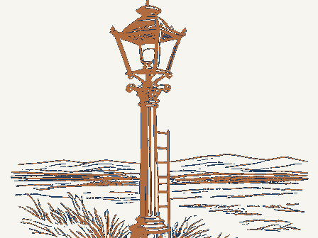 Decorative drawing: a gas streetlamp on an ornate cast-iron post with a ladder rest. Not a photograph of this place.