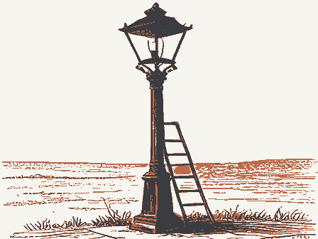 Decorative drawing: a gas streetlamp on an ornate cast-iron post with a ladder rest. Not a photograph of this place.