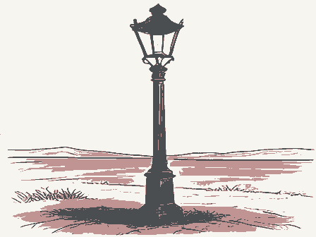 Decorative drawing: a gas streetlamp on an ornate cast-iron post with a ladder rest. Not a photograph of this place.