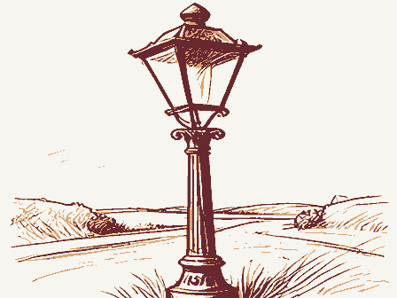 Decorative drawing: a gas streetlamp on an ornate cast-iron post with a ladder rest. Not a photograph of this place.
