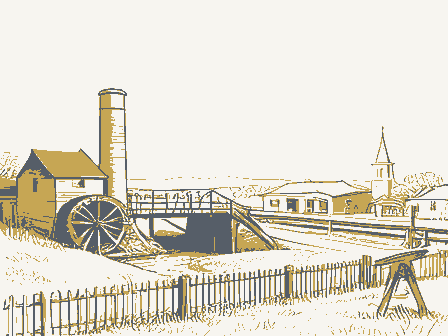 Decorative drawing: a farm township drawn in detail. Not a photograph of this place.