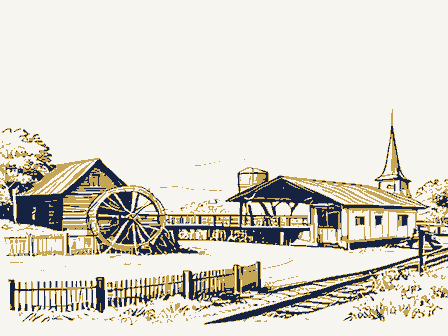 Decorative drawing: a farm township drawn in detail. Not a photograph of this place.