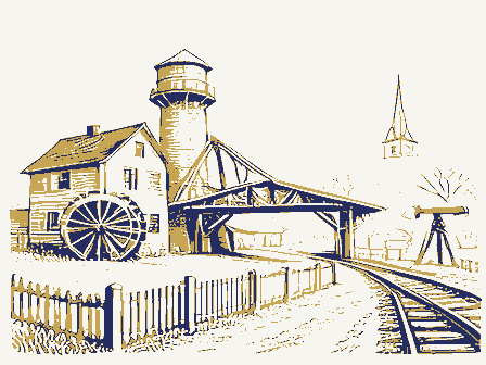 Decorative drawing: a farm township drawn in detail. Not a photograph of this place.