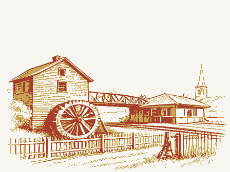 Decorative drawing: a farm township drawn in detail. Not a photograph of this place.