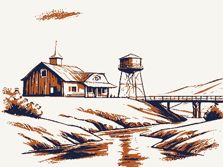 Decorative drawing: a small American settlement seen from a low hill. Not a photograph of this place.