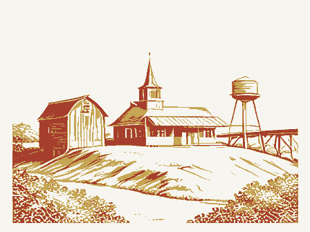 Decorative drawing: a small American settlement seen from a low hill. Not a photograph of this place.