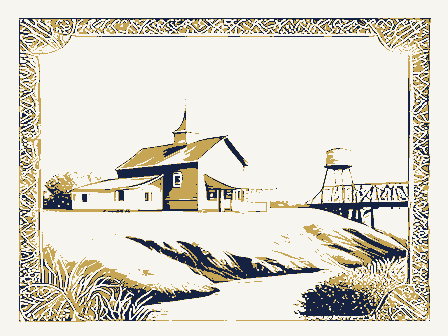 Decorative drawing: a small American settlement seen from a low hill. Not a photograph of this place.