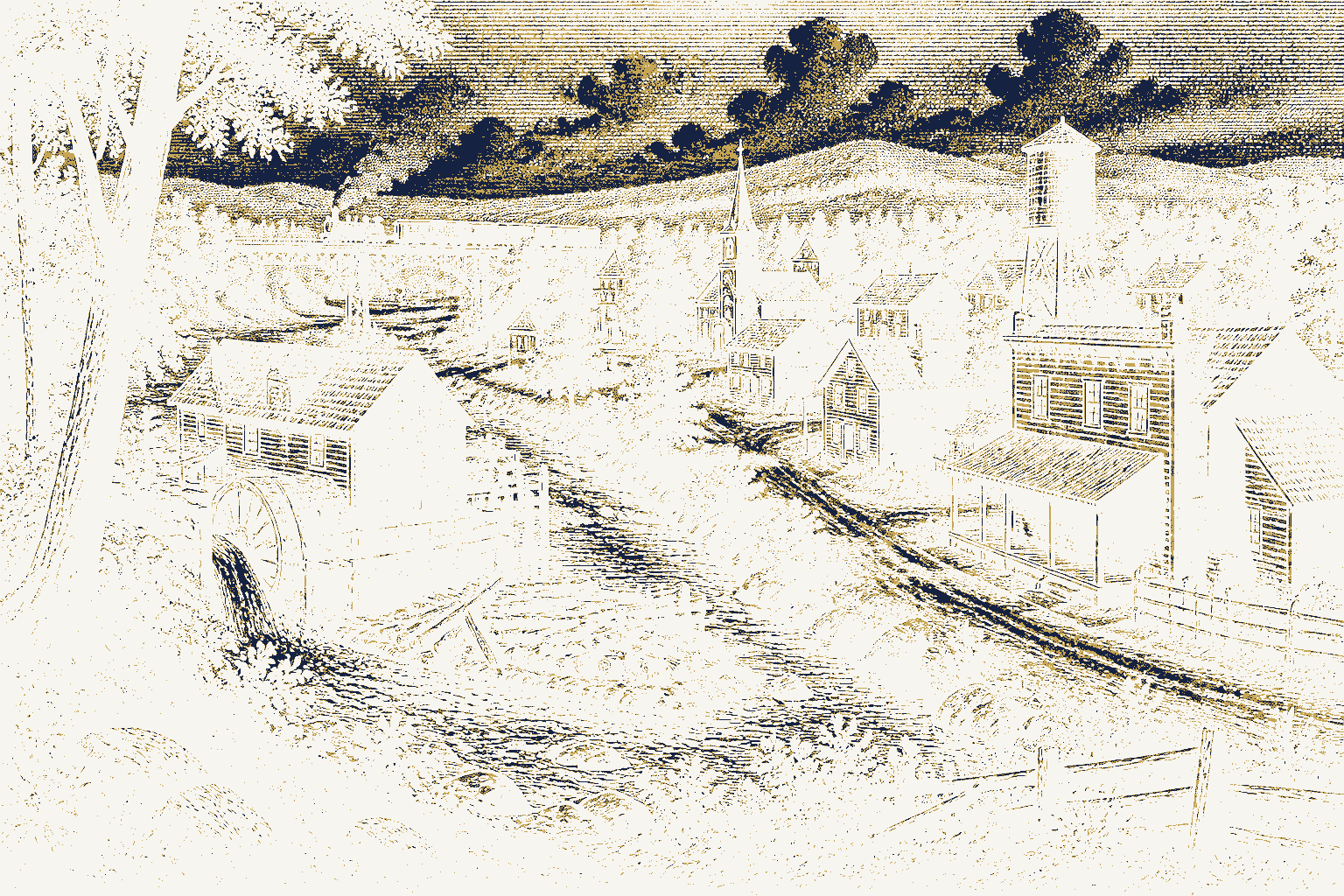 Decorative drawing: a small American settlement seen from a low hill. Not a photograph of this place.