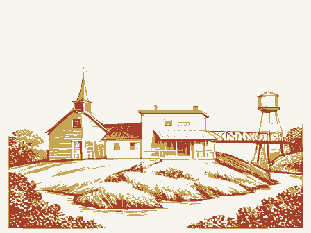 Decorative drawing: a small American settlement seen from a low hill. Not a photograph of this place.