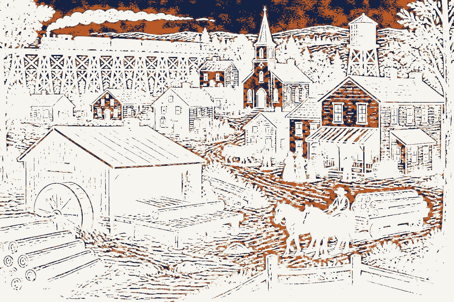 Decorative drawing: a small American settlement seen from a low hill. Not a photograph of this place.