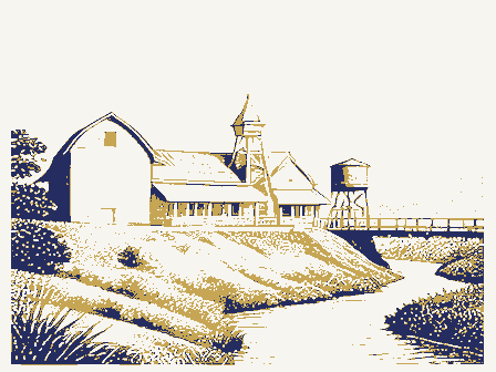 Decorative drawing: a small American settlement seen from a low hill. Not a photograph of this place.
