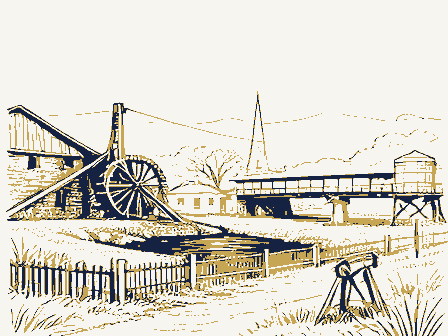 Decorative drawing: a farm township drawn in detail. Not a photograph of this place.