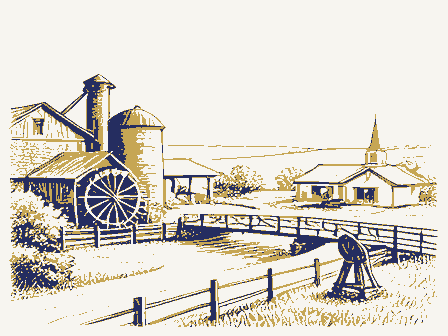 Decorative drawing: a farm township drawn in detail. Not a photograph of this place.
