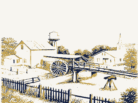 Decorative drawing: a farm township drawn in detail. Not a photograph of this place.