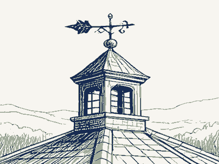 Decorative drawing: a wrought-iron weathervane on a cupola roof. Not a photograph of this place.