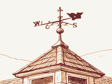 Decorative drawing: a wrought-iron weathervane on a cupola roof. Not a photograph of this place.