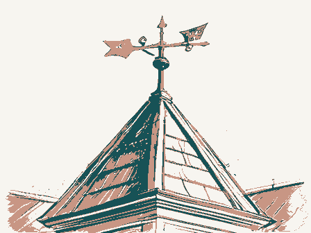 Decorative drawing: a wrought-iron weathervane on a cupola roof. Not a photograph of this place.